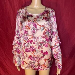 Liz Claiborne Satin Floral Dramatic Bell Sleeve Blouse Large